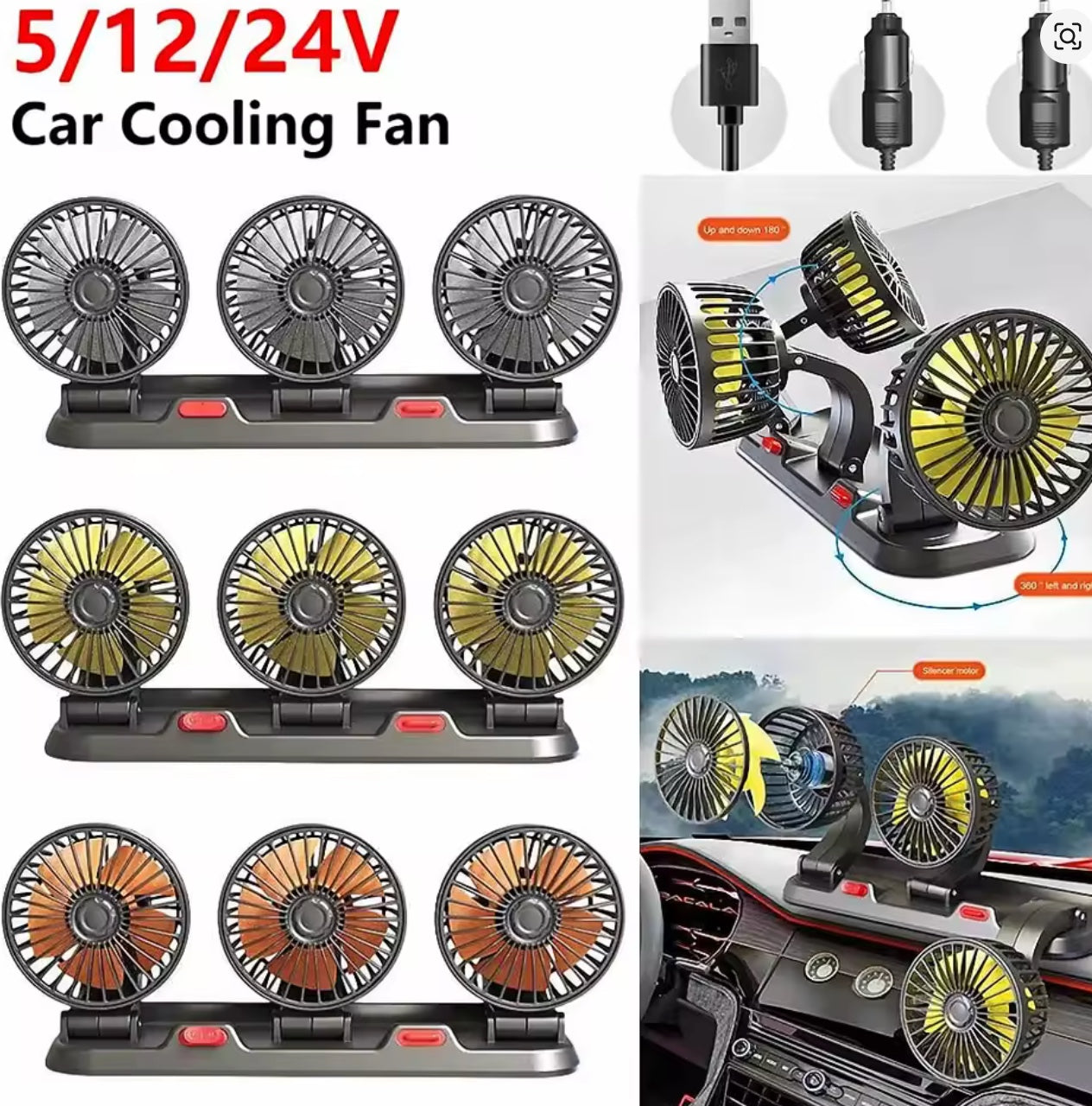 Ventilateur de Voiture Universel à 3 Têtes – Puissant, Silencieux &amp; Ajustable